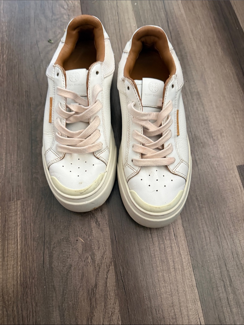Tory Burch White Leather Sneakers with Blush Pink Laces and Tan Trim